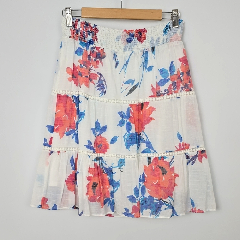 Ricki's Women's White Midi Blue Pink Floral Print Boho Tiered Lined Skirt Size S - Picture 2 of 12